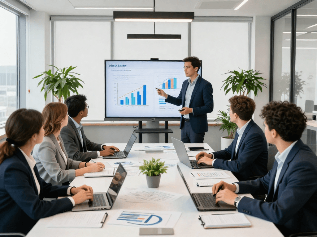 Professionals bespreken zakelijk krediet in moderne vergaderruimte met grafieken en documenten.