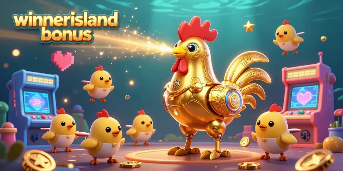 Engage with the winnerisland bonus by exploring an ultra-detailed 3D casino scene featuring a golden rooster robot and vibrant game elements.