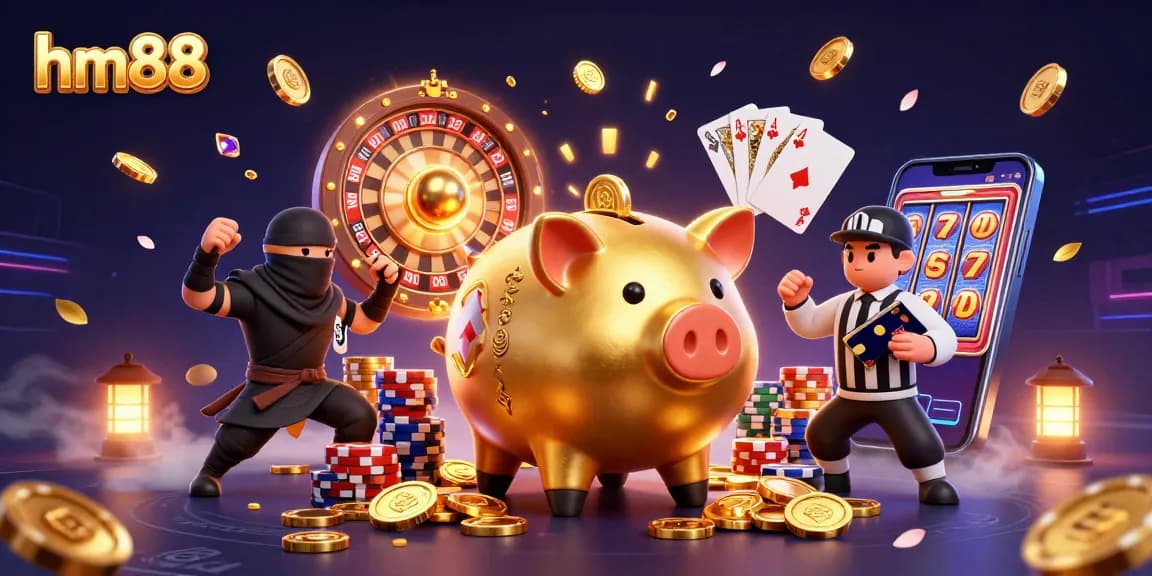 Experience thrilling gambling with HM88's dynamic casino scene featuring vibrant characters and rich details.