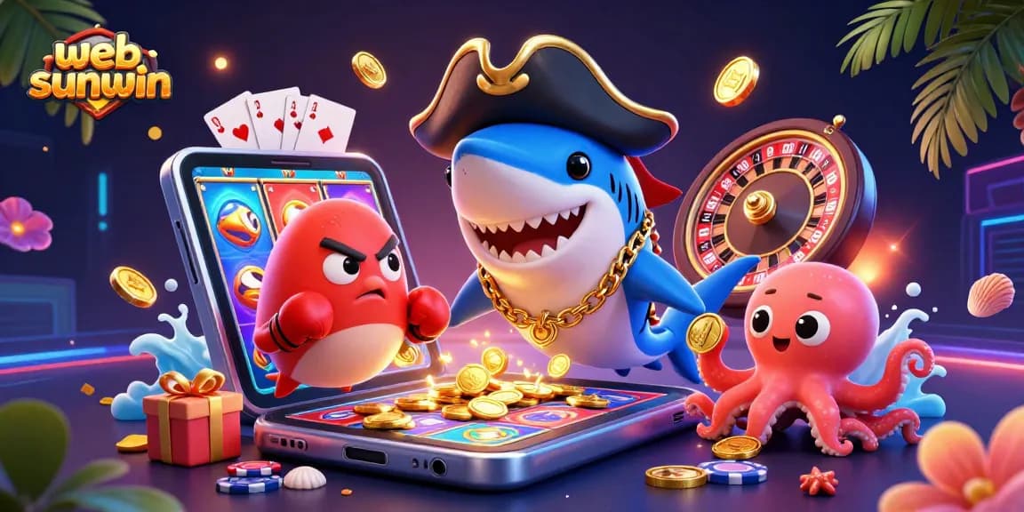 Win big with web sunwin in this vibrant 3D casino scene featuring playful characters and slot game elements.