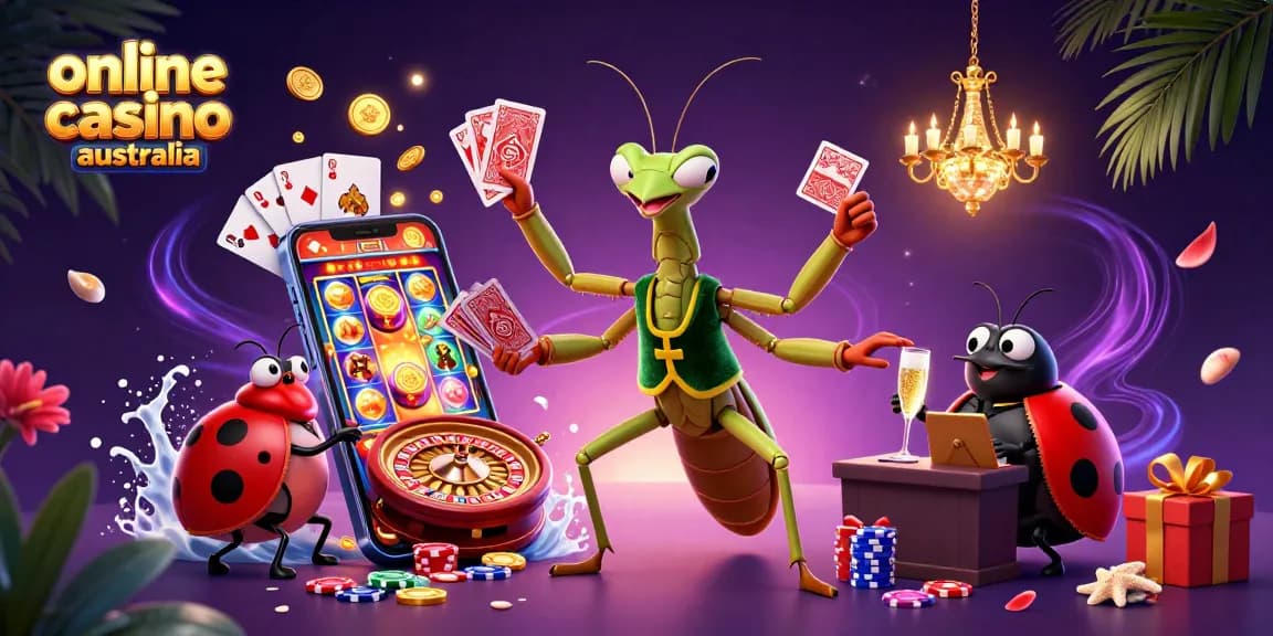 Experience thrilling action in an online casino Australia setting with giant mantis and ladybug characters.