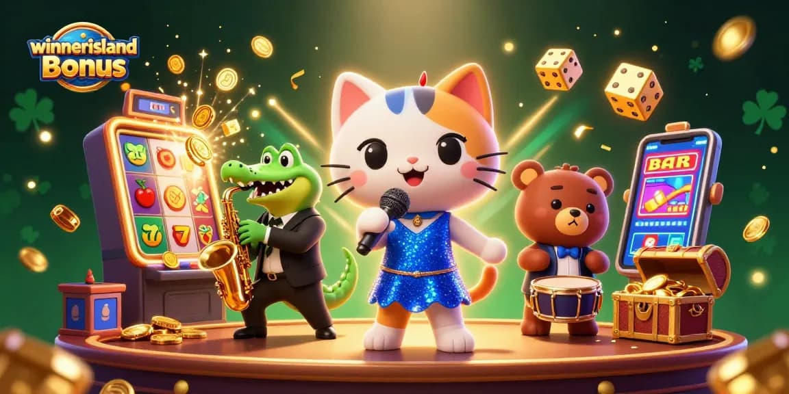 Experience the winnerisland bonus with a vibrant 3D casino scene showcasing characters celebrating a jackpot.