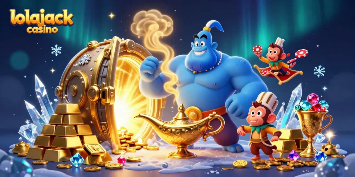 Experience the thrill of lolajack casino with a vibrant 3D scene featuring a magical genie, treasure, and poker chips.
