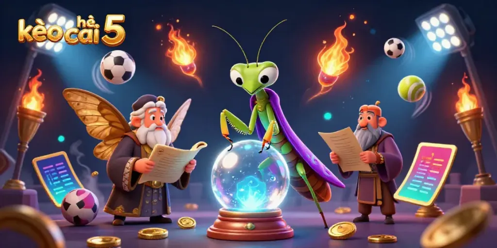 Catch the energy of kèo nhà cái 5 with animated fortune teller and dynamic sports elements.
