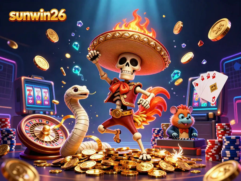 Experience sunwin26 with a vibrant scene of a mariachi rooster, mummy snake, and DJ hamster celebrating among casino treasures.