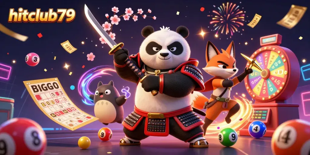 Win incredible prizes with hitclub79 featuring an animated samurai panda and ninja fox in a colorful casino scene.