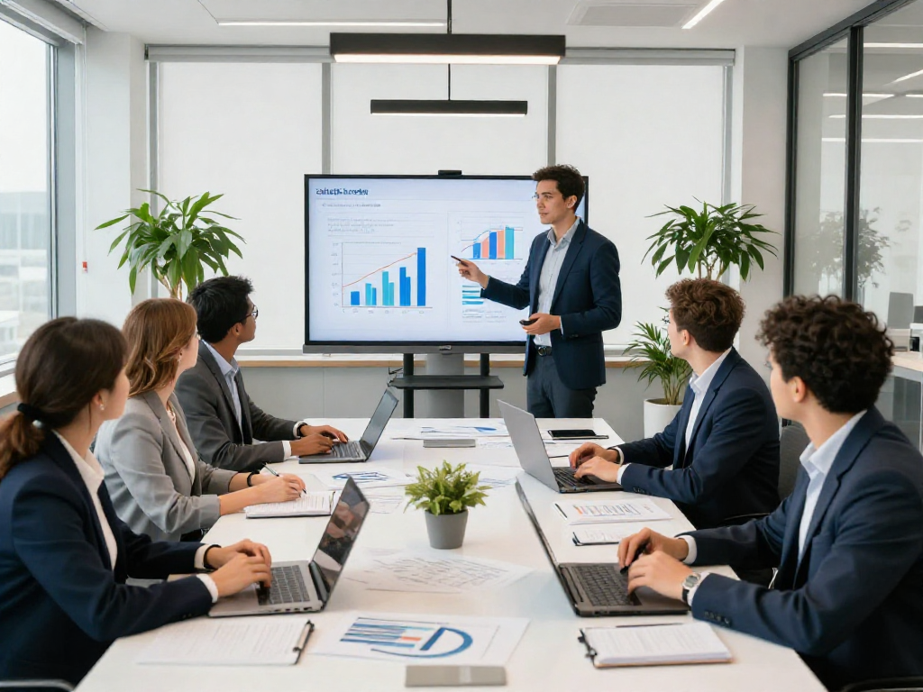 Professionals bespreken zakelijk krediet in moderne vergaderruimte met grafieken en documenten.