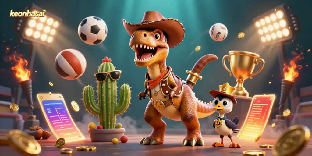 Experience exciting sports betting with keonhacai as a cowboy dinosaur and friends celebrate wins!
