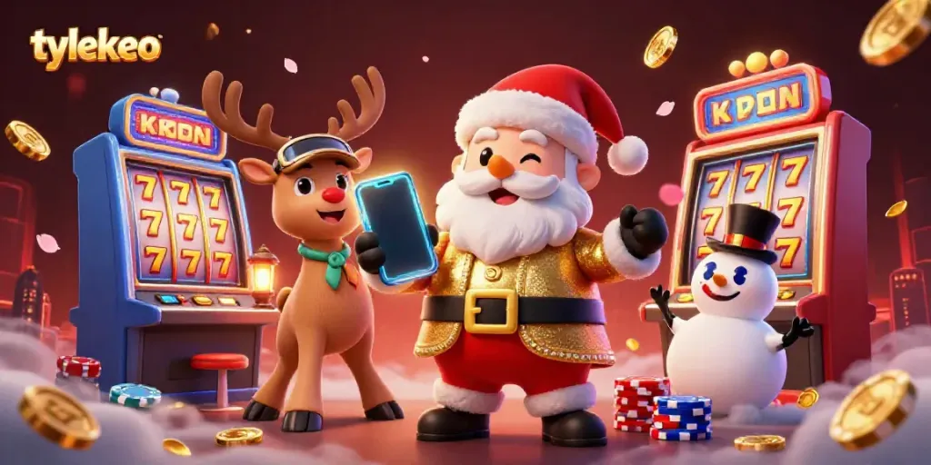 Experience exciting gaming with tylekeo as Santa and friends celebrate at a vibrant casino scene.