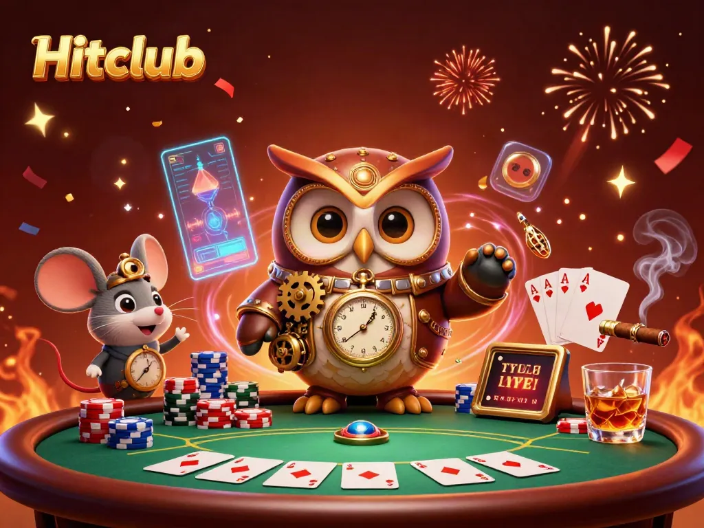 Hitclub game scene featuring a time-traveling owl and clockwork mouse amid poker elements.