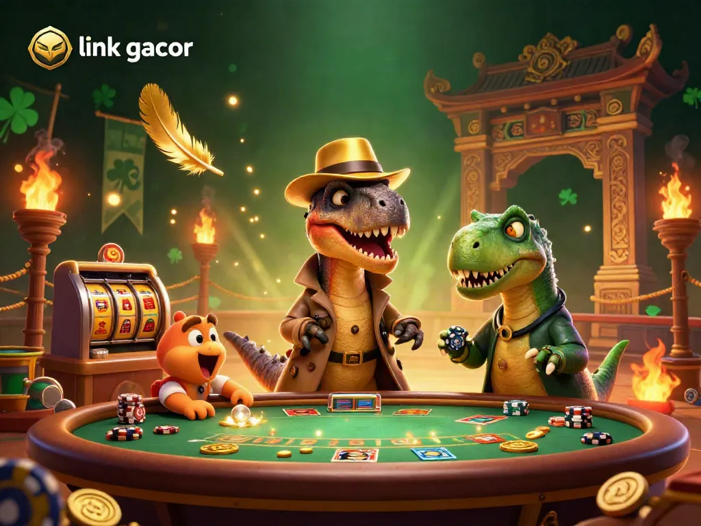 Experience thrilling gameplay at link gacor, featuring a velociraptor counter trying to blend in at a blackjack table.