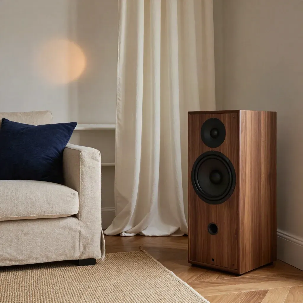Compacte speakers naast een linnen bank en vloerkleed in avondlicht.