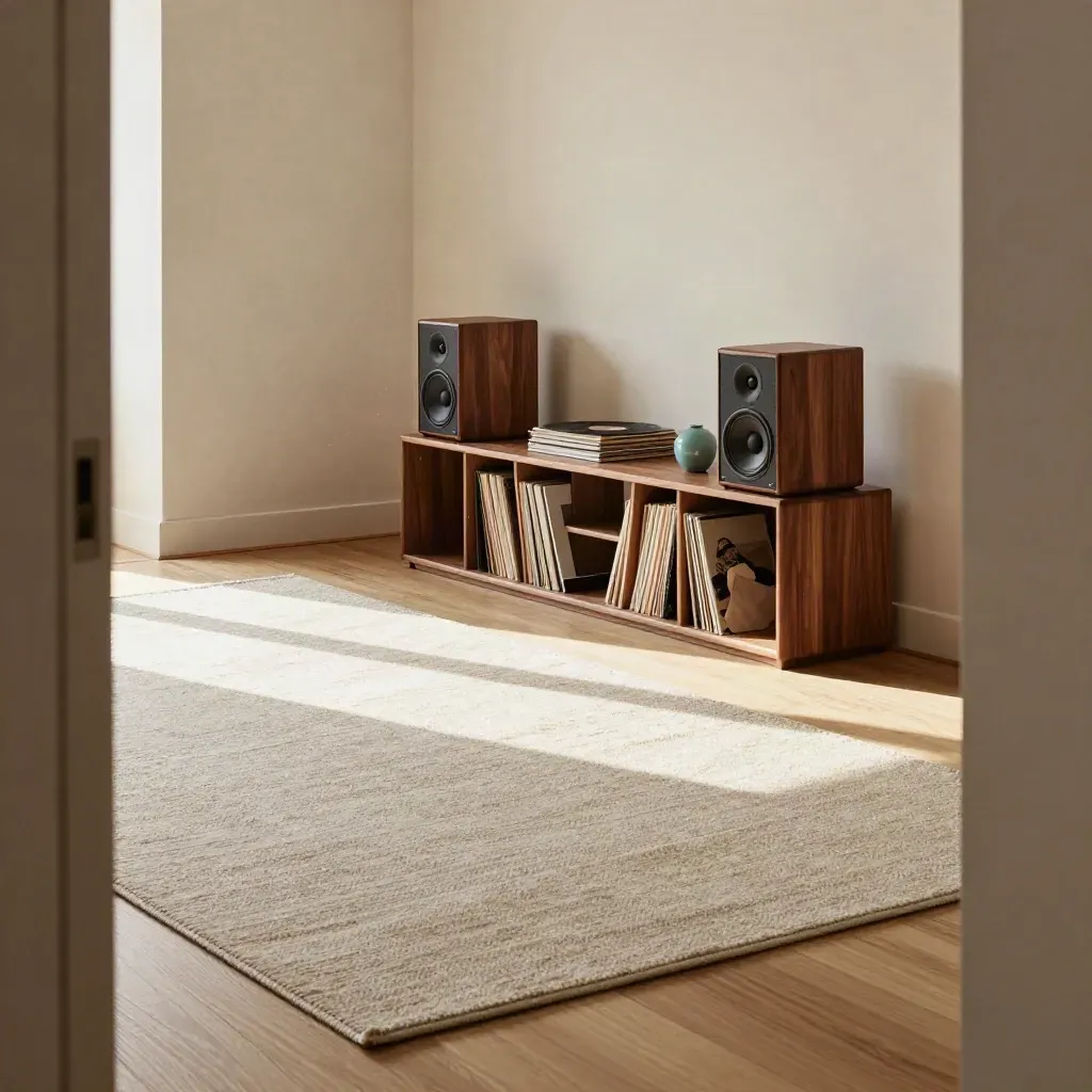 Woonkamerhoek met boekenplankspeakers, houten sidetable en zonlicht op een wollen vloerkleed.