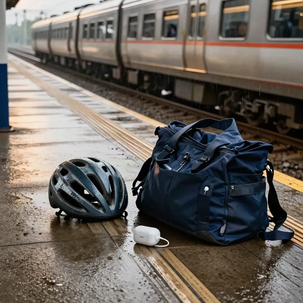 Reisset earbudset naast regenjas, helm en tas op een stationstek