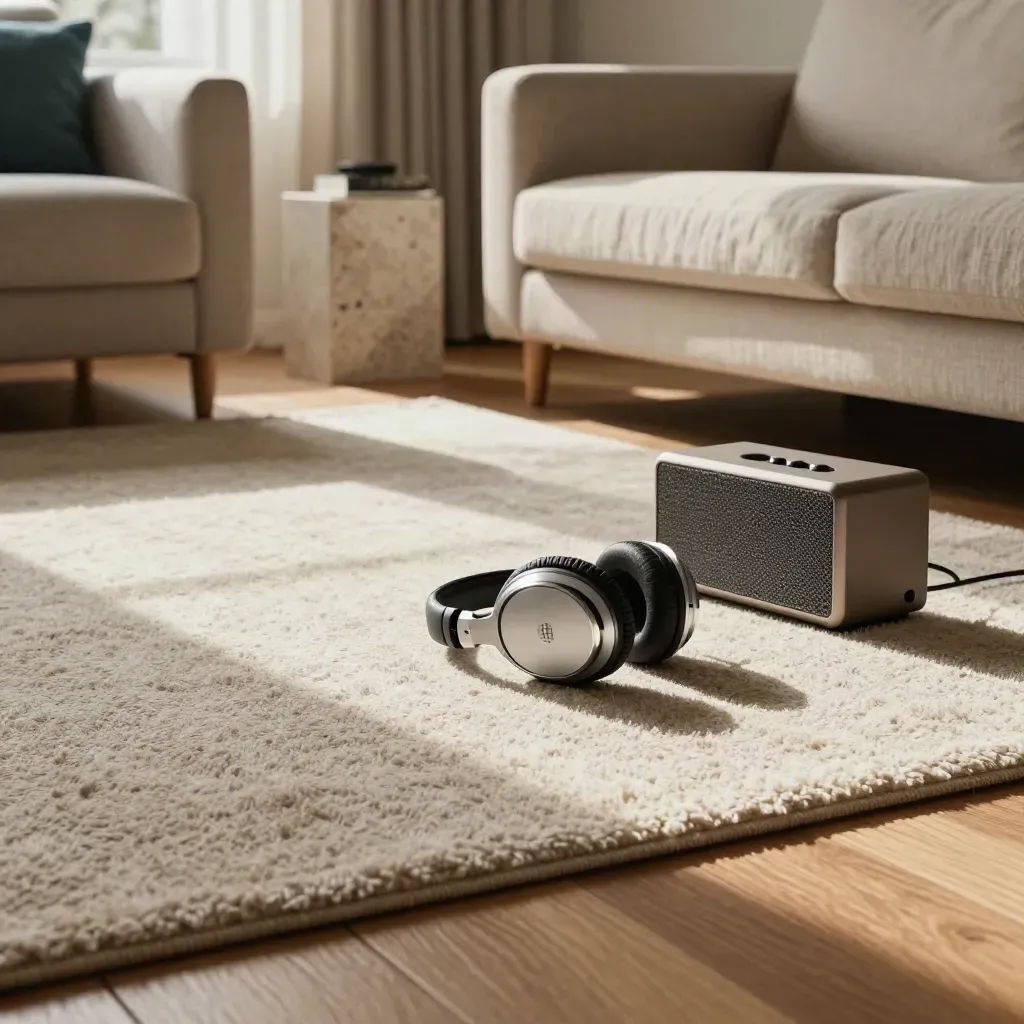 Hoofdtelefoon op een wollen vloerkleed naast speaker en stoel in warm woonkamerlicht