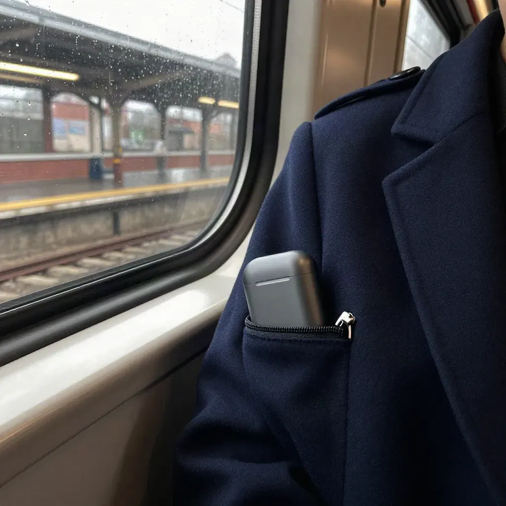 Draadloze oortjes in jaszak op treinbank naast regendruppels op het raam.