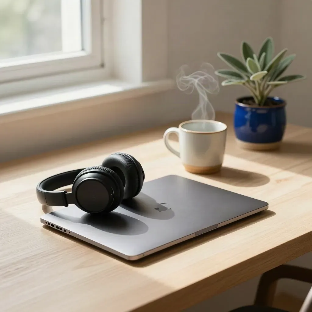Gesloten laptop met koptelefoon, mok en plant op rustig bureau in ochtendlicht.