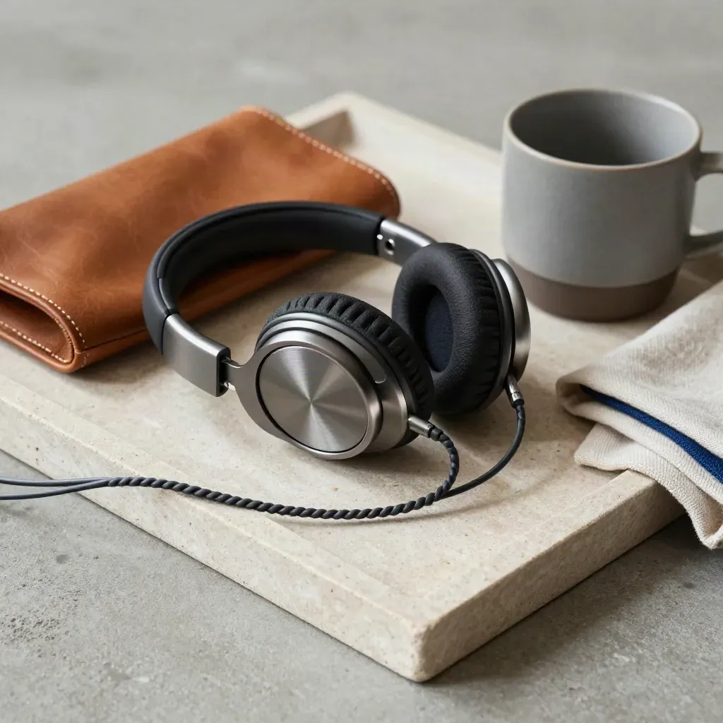 Koptelefoon-oorcup met kabel, leren etui en beker op stenen tray in zacht licht