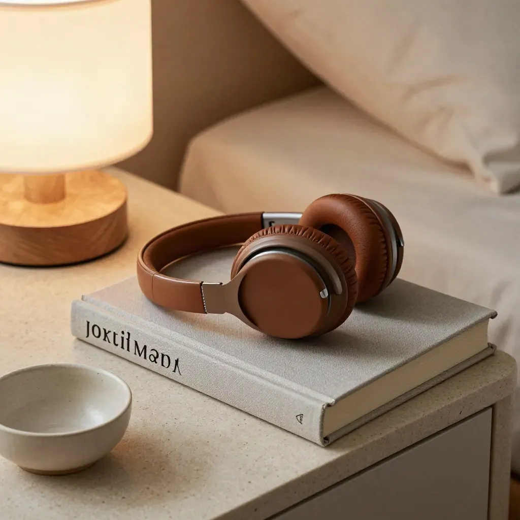 Audioboek met koptelefoon naast lamp en keramische schaal op een bedtafel.