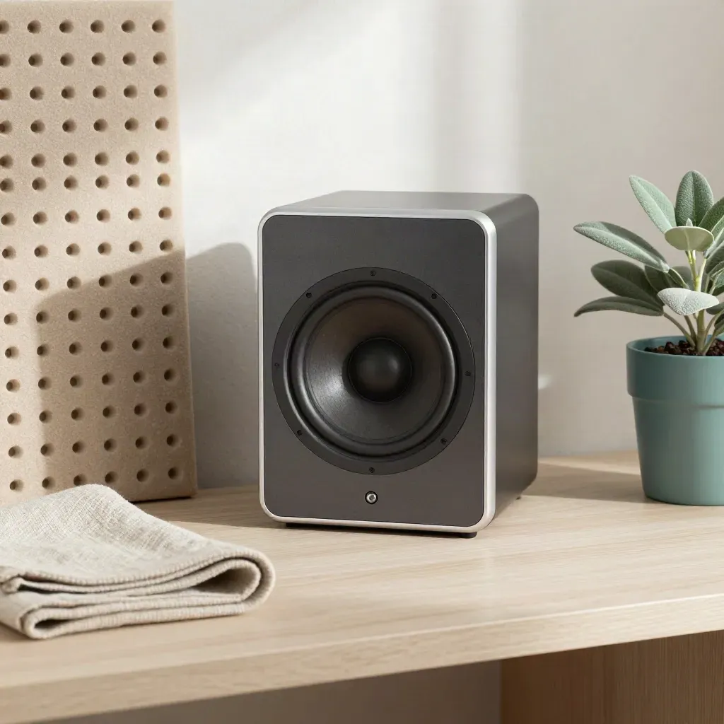 Compacte speaker met akoestisch schuim, linnen doek en plantje op een lichte houten tafel