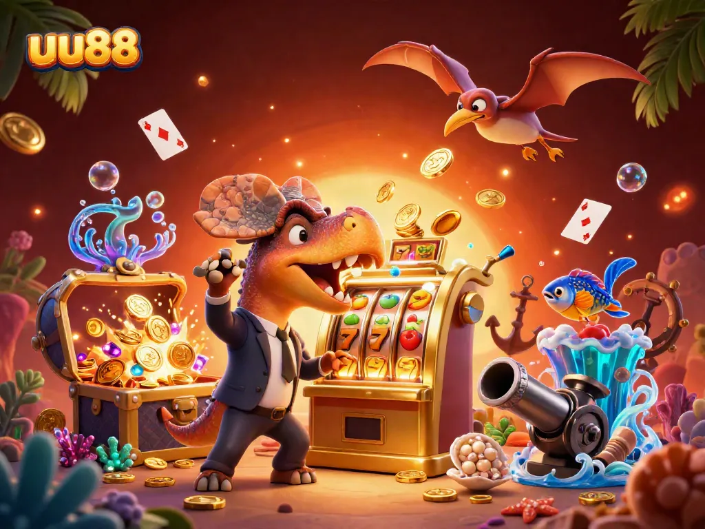 uu88 showcases a thrilling scene with cartoon dinosaurs engaging in dynamic casino activities amid a rich, festive atmosphere.