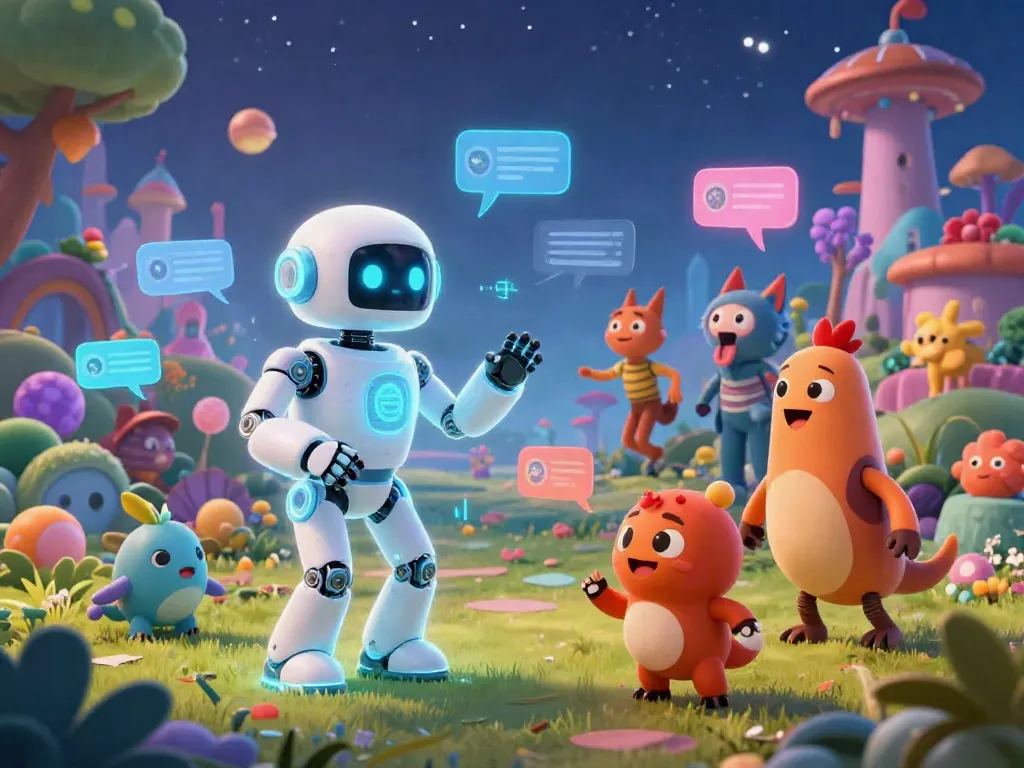 Engaging spicy AI chatbots animated in a whimsical digital landscape.