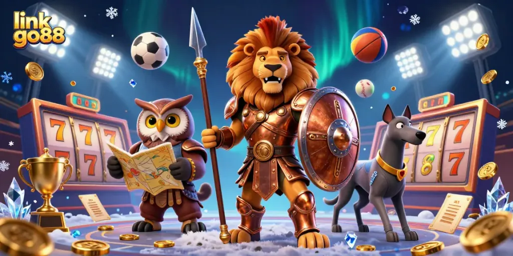 Join the excitement with link go88 as the Spartan lion leads the way in a vibrant casino scene filled with jackpots and gold.