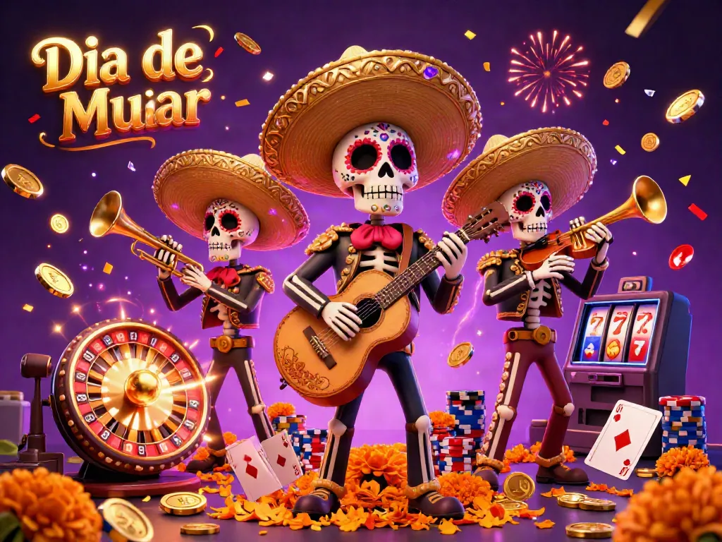 Engage in exciting gambling with the vibrant mariachi band amidst cascading coins and roulette spins.