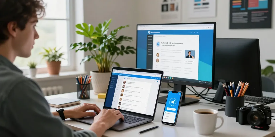 Demonstrating the Telegram Web Version in a modern workspace with tech gadgets and open browser.