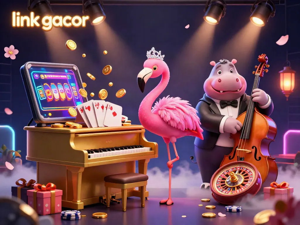 Engage with the thrilling link gacor experience featuring a lively casino scene with a flamingo singer and hippo bassist.